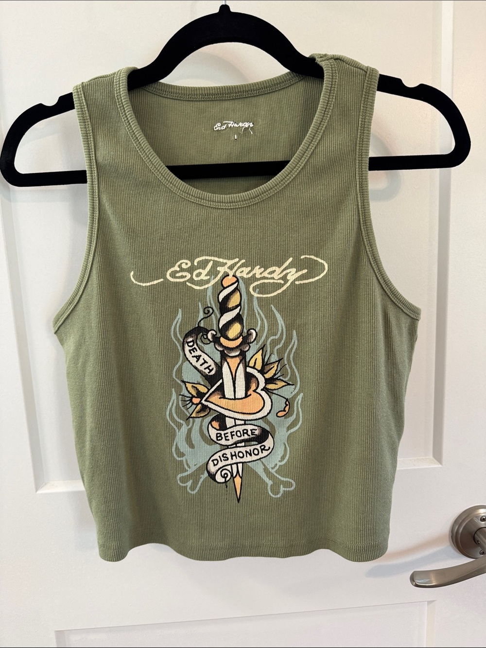 Ed Hardy Olive Green Graphic Dagger Cropped Tank Top Vintage Y2K